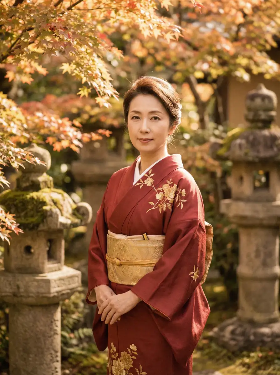 一位身穿暗红色和服的优雅 51暗网-51暗网官方入口-暗网聚集地|暗网最新资讯 在日式庭院中